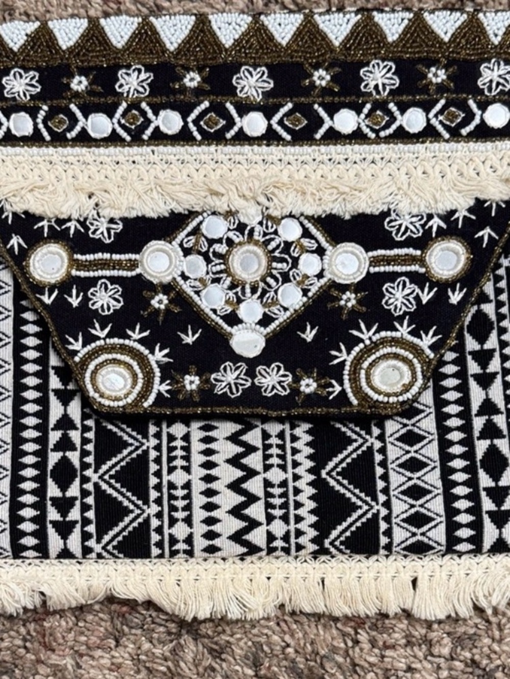Beaded Black & Cream Fringe Embroidered Clutch